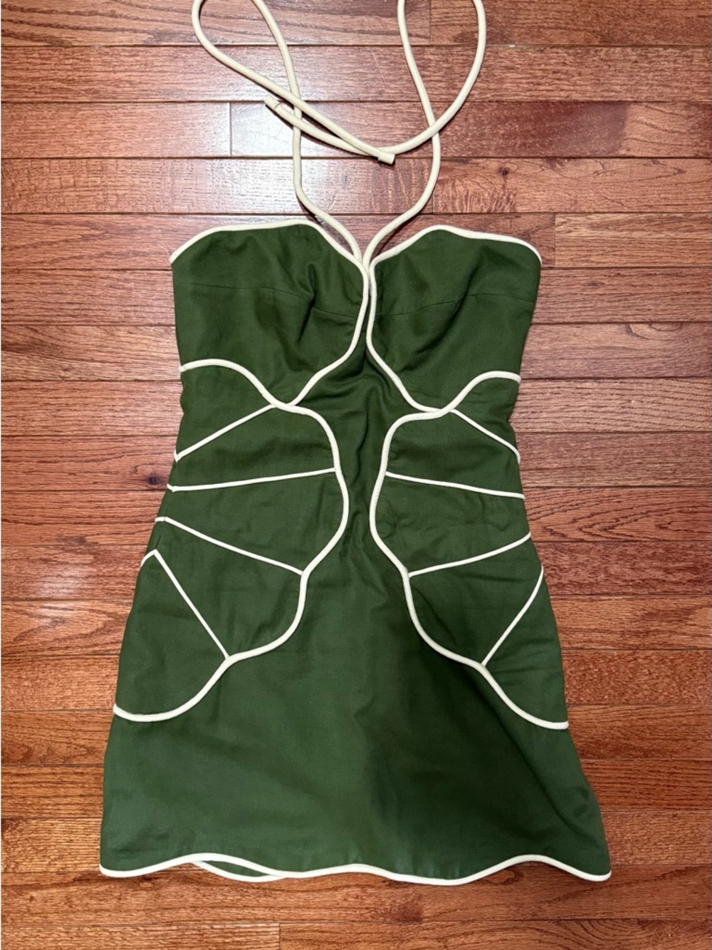 FARM Rio Olive Green Halter Mini Dress with Cream Piping - Medium